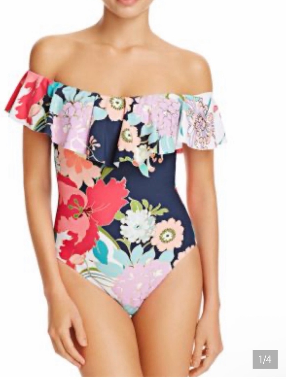 NWT Trina Turk Royal Botanical Off The Shoulder One Piece Swimsuit